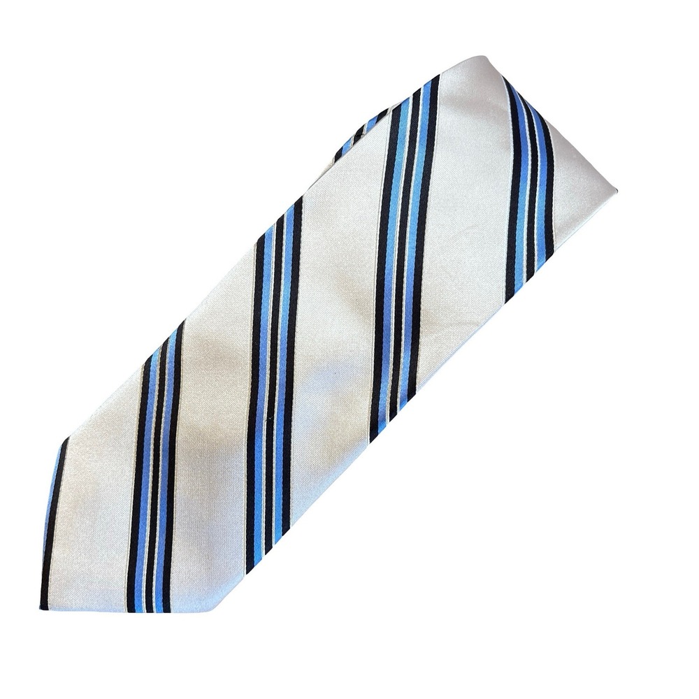 Jos A Bank‎ Signature Collection 100% Silk Handmade Striped Tie Ivory Blue Black